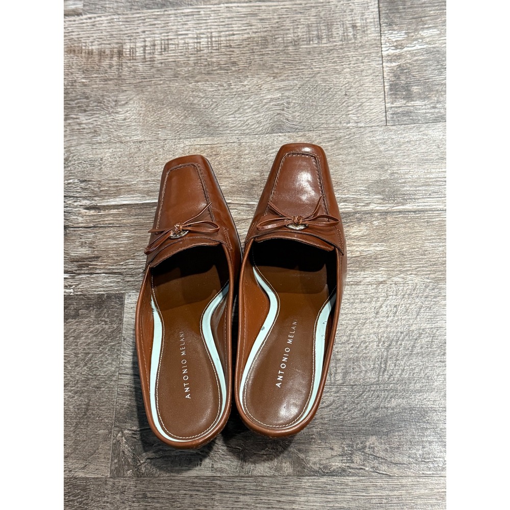 Antonio Melani Brown Leather Square Toe Loafer Mules Kitten Heel Bow Size 7.5M - Picture 3 of 7